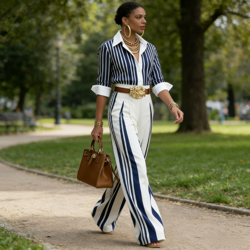 Conjunto De Mujer A Rayas Con Camisa Y Pantalón Ancho