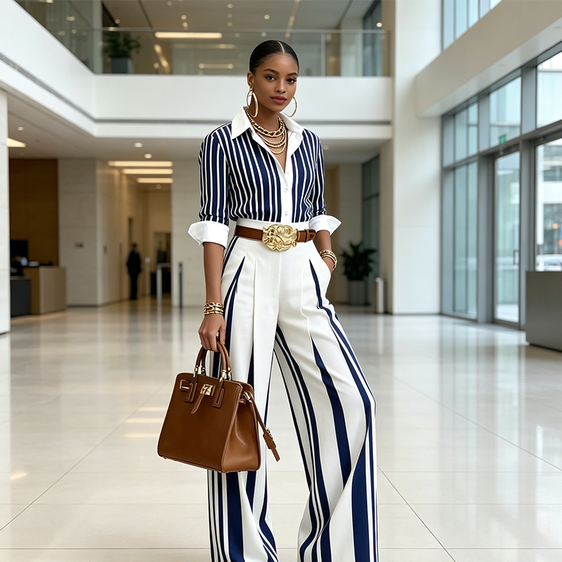 Conjunto De Mujer A Rayas Con Camisa Y Pantalón Ancho