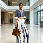 Conjunto De Mujer A Rayas Con Camisa Y Pantalón Ancho