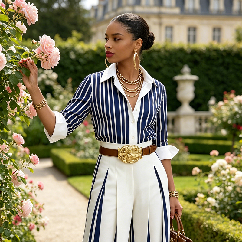 Conjunto De Mujer A Rayas Con Camisa Y Pantalón Ancho