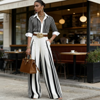 Conjunto De Mujer A Rayas Con Camisa Y Pantalón Ancho